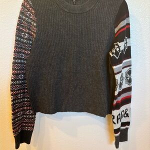 rag & bone Gray Crewneck Sweater with Patterned Multicolor Sleeves